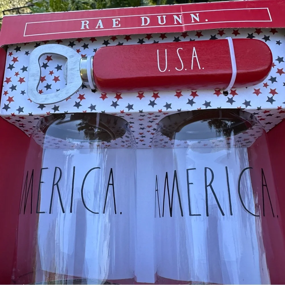 NEW Rae Dunn Patriotic USA America Beer Glasses with Bottle Opener Set NIB